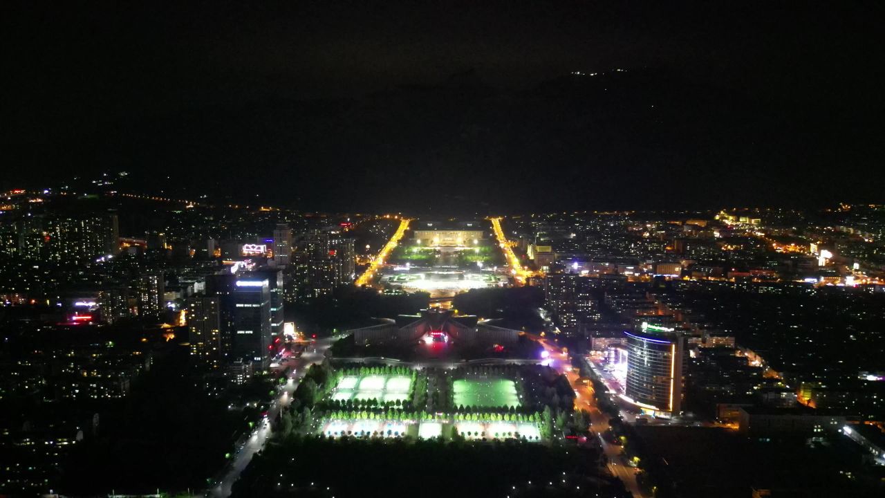 航拍山东泰安会展中心夜景