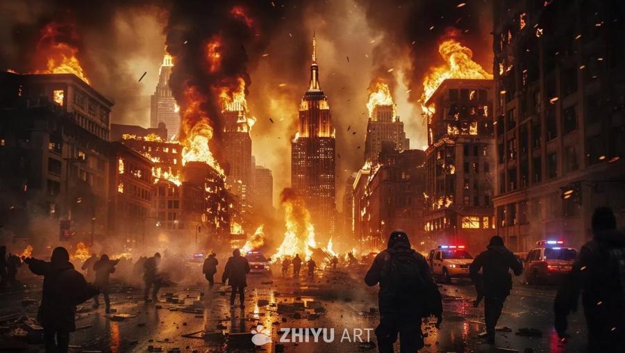 火焰吞噬着城市，建筑物正在倒塌，浓烟滚滚升入夜空。