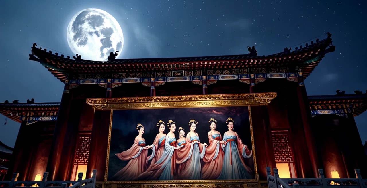 夜晚，画面中呈现一座古代宫殿建筑，宫殿上空悬挂着一