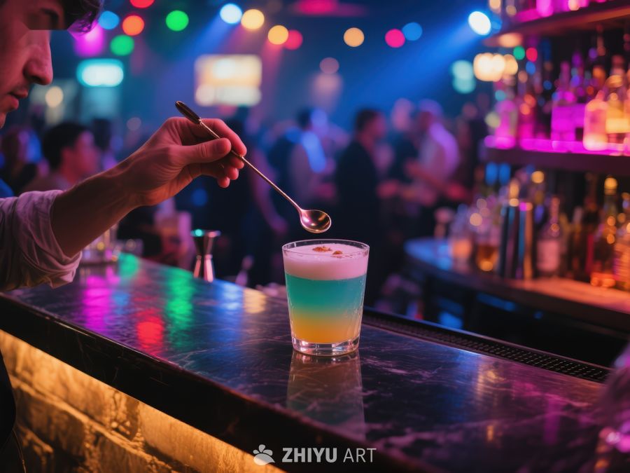 调酒师在酒吧精心调制色彩斑斓的鸡尾酒 196