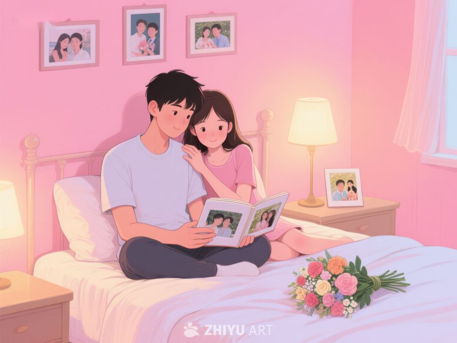 温馨卧室中的一对情侣共读相册 803