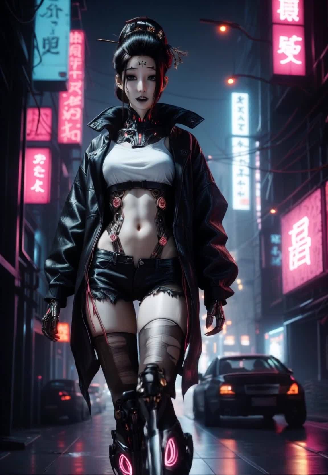 赛博朋克风装扮的少女行走于霓虹街道