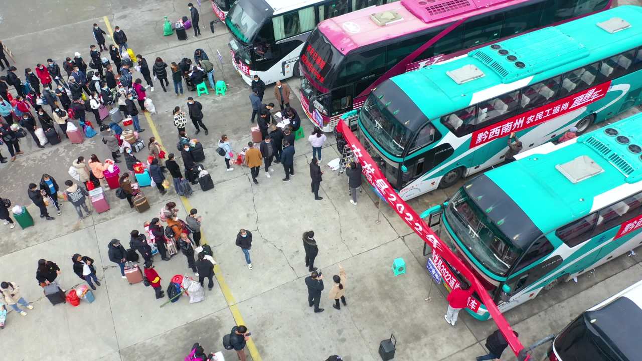车站农民工集中乘坐客车返岗就业航拍
