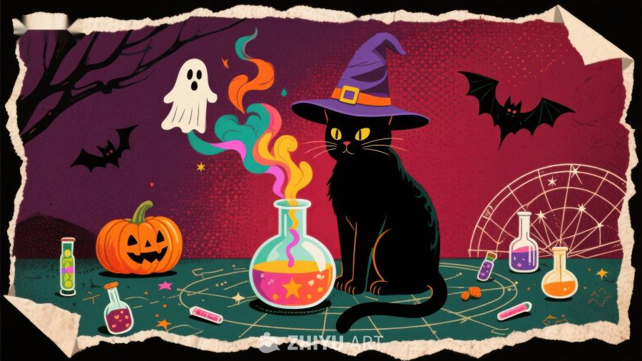 万圣节魔法场景：黑猫与南瓜灯
