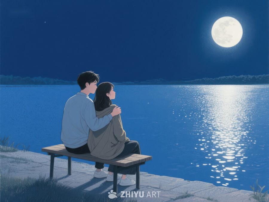 月下湖畔，情侣相依 1215