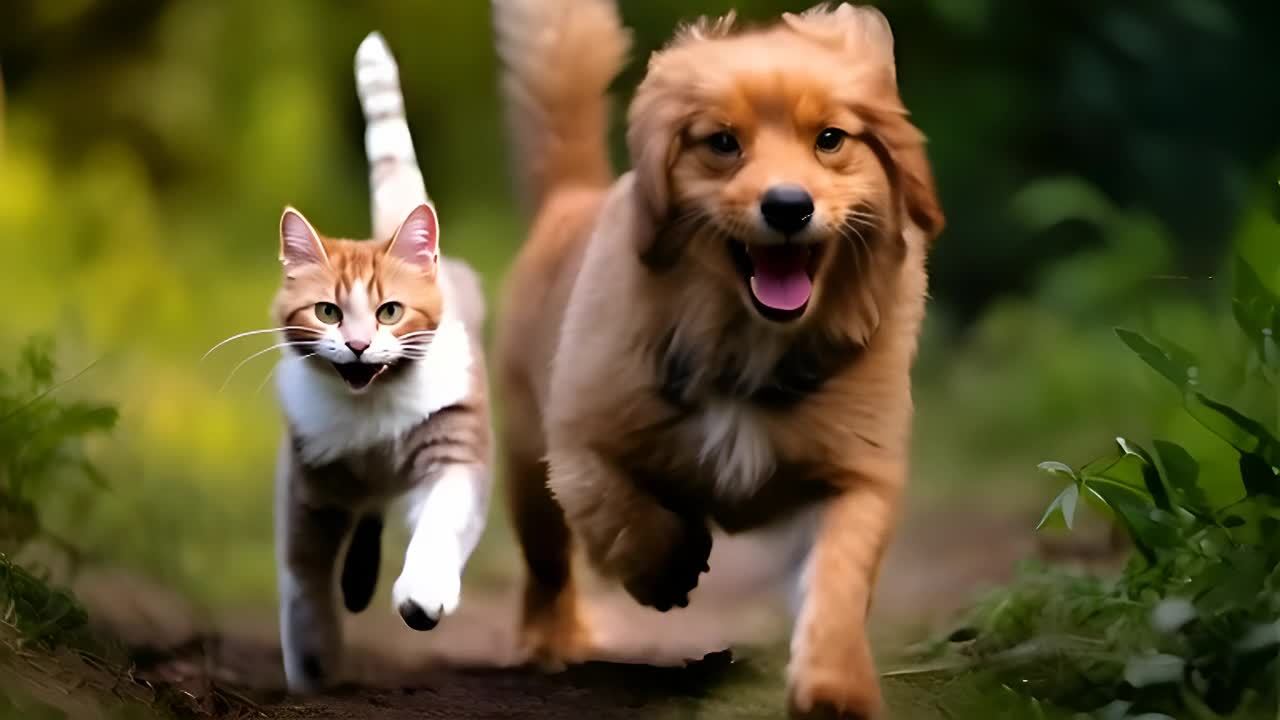 一只棕色和白色相间的猫与一只棕色的狗在绿色植物之间