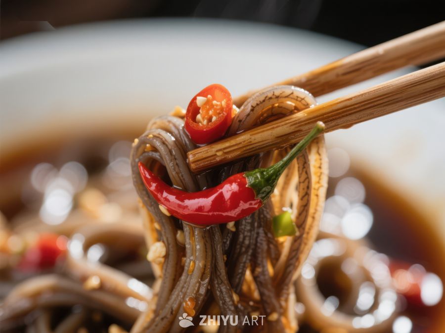 筷子夹起带有红辣椒的面条 658