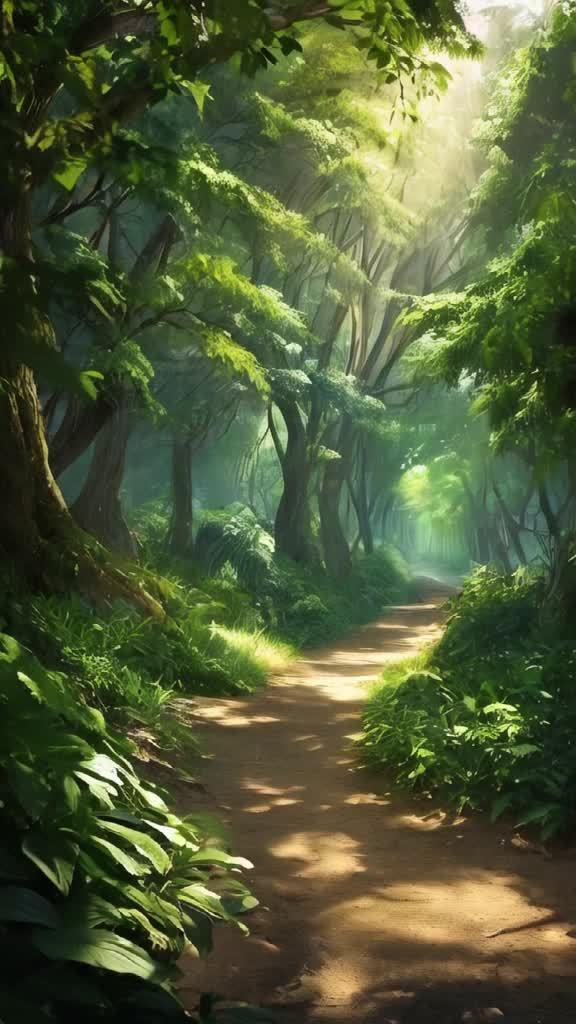 一条土路穿过茂密的森林，阳光透过树叶，在地面上形成