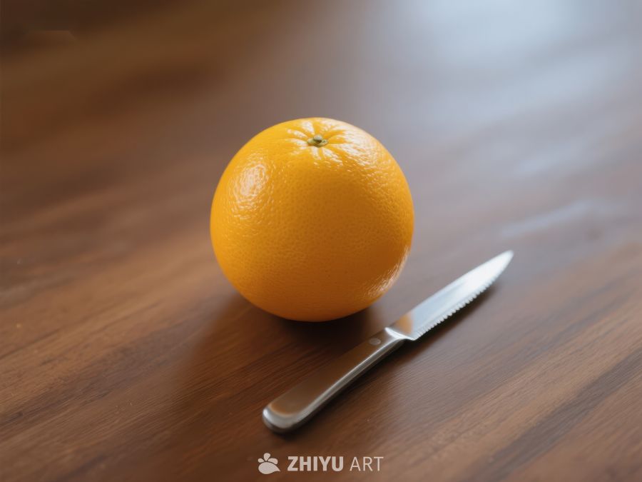 橙子与刀置于木质桌面 67