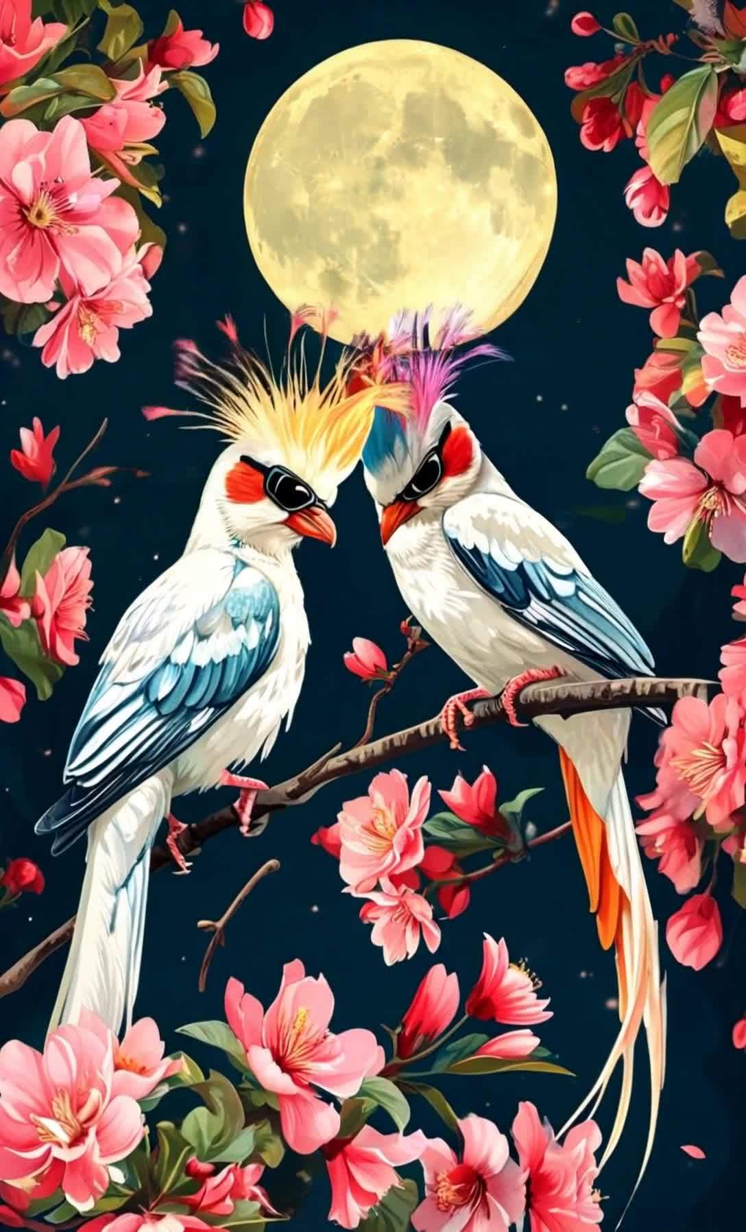 月下墨镜鹦鹉花丛夜语图