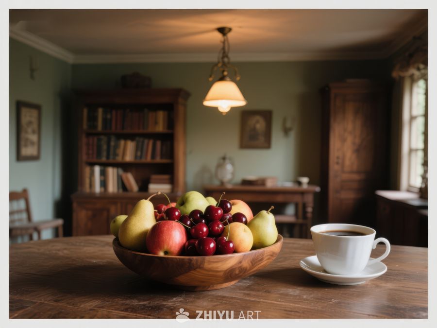温馨书房中的水果与咖啡 614