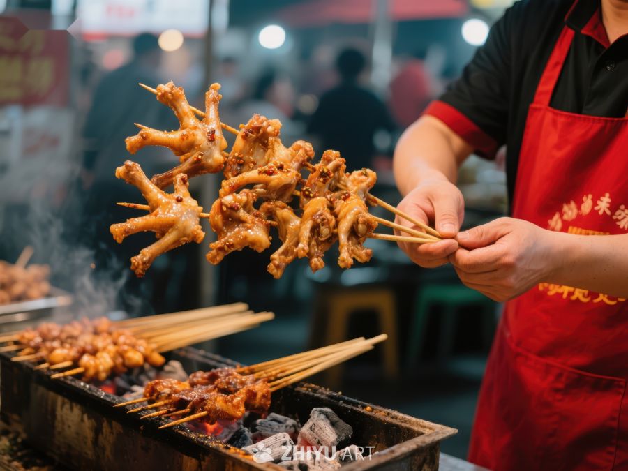 夜市烤串摊位，商贩手持鸡爪串