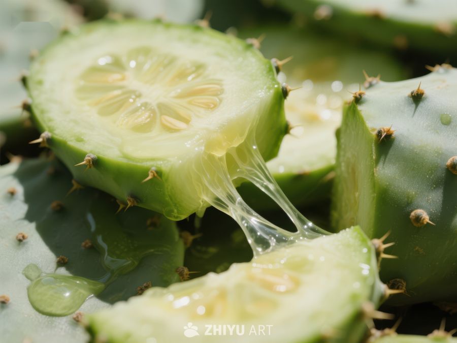 切开的仙人掌果实，汁液流出 278