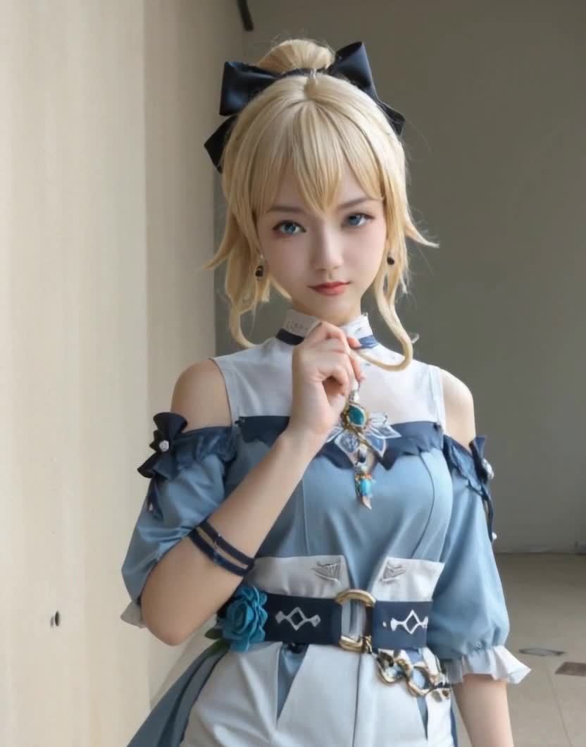 金发女子cos蓝色连衣裙，佩戴项链凝视镜头