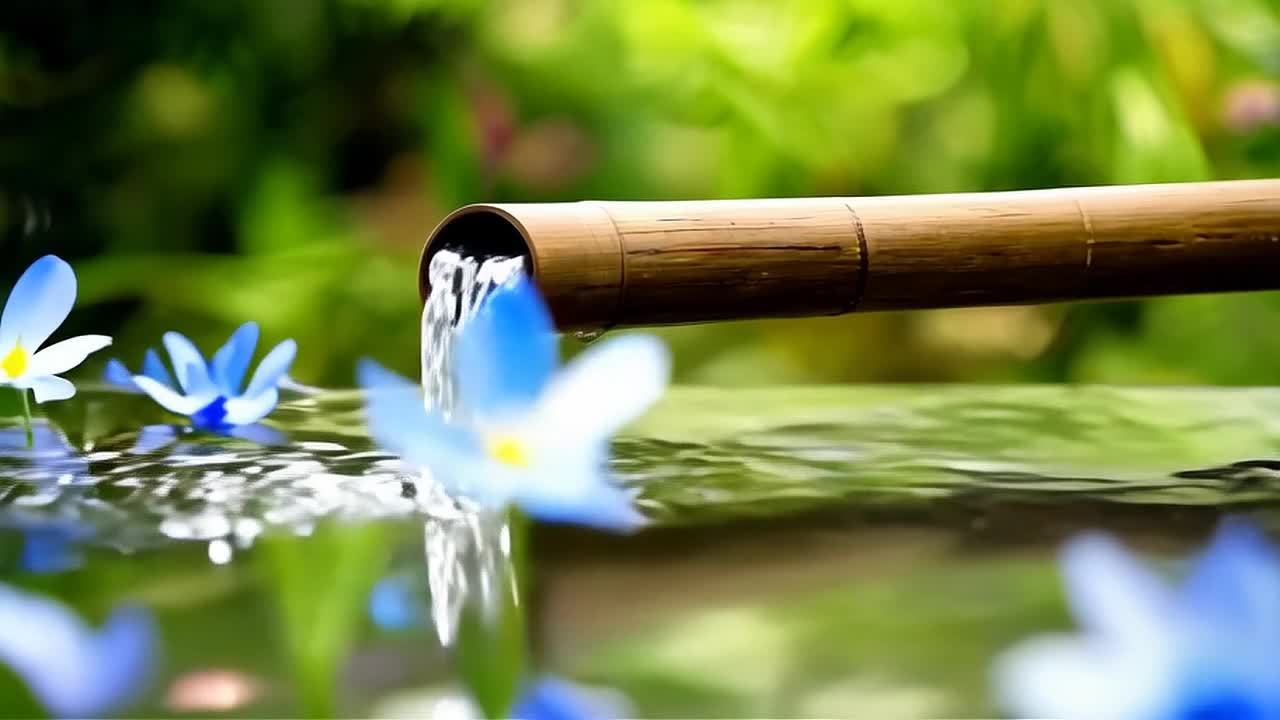 竹制管道稳定地向碗中出水，水滴有节奏地落下。前景中