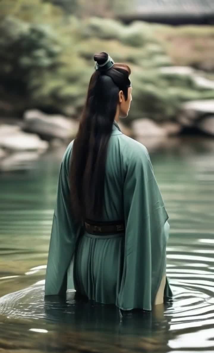 绿衣古装男子伫立水中，长发背影映水面。
