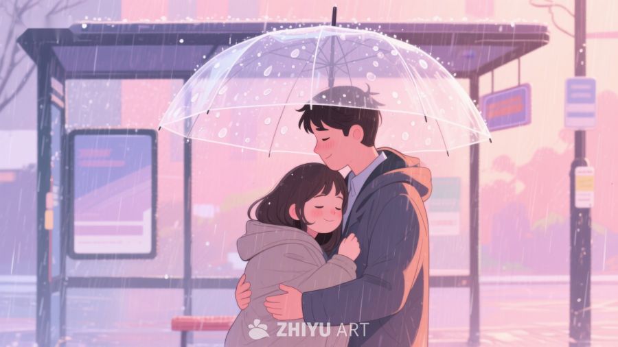 雨中车站的温馨拥抱 634