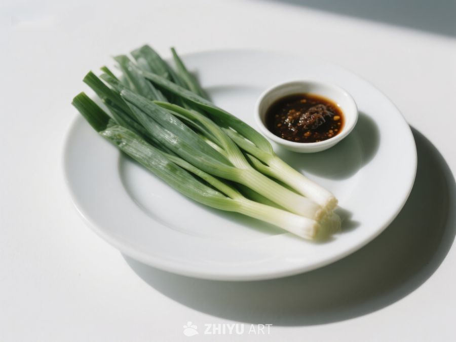 青葱配酱碟，简洁美食摆盘 339