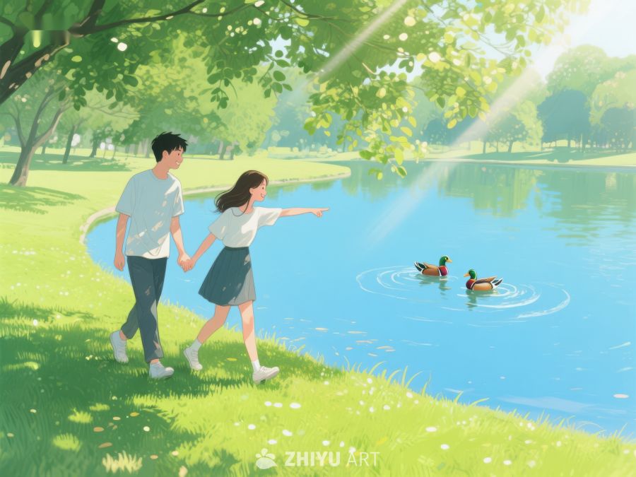 湖畔散步，情侣共赏鸭戏水 285