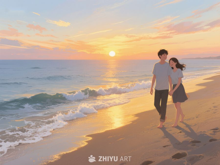 海滩日落，情侣漫步 290
