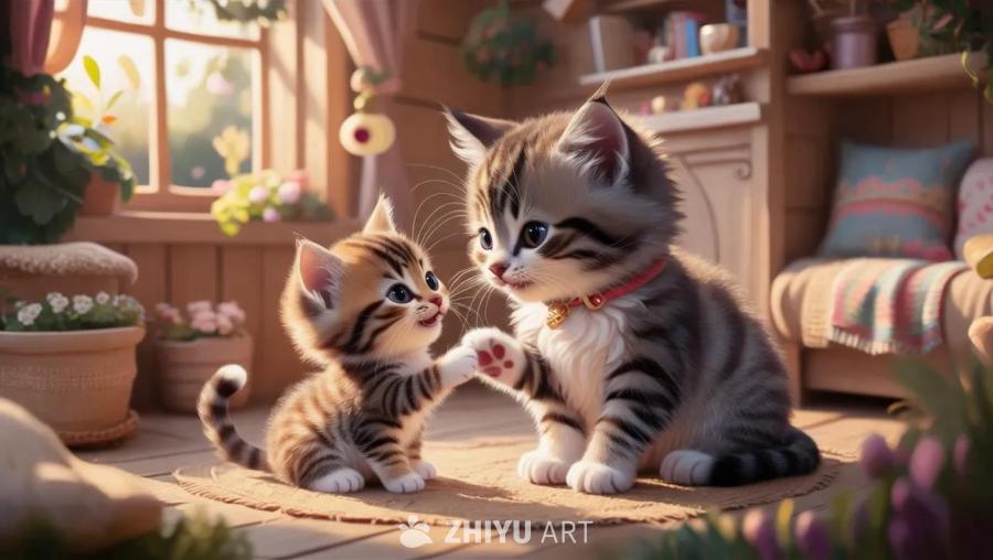 一只小猫和一只猫在阳光明媚的小屋里。一只猫正在和小