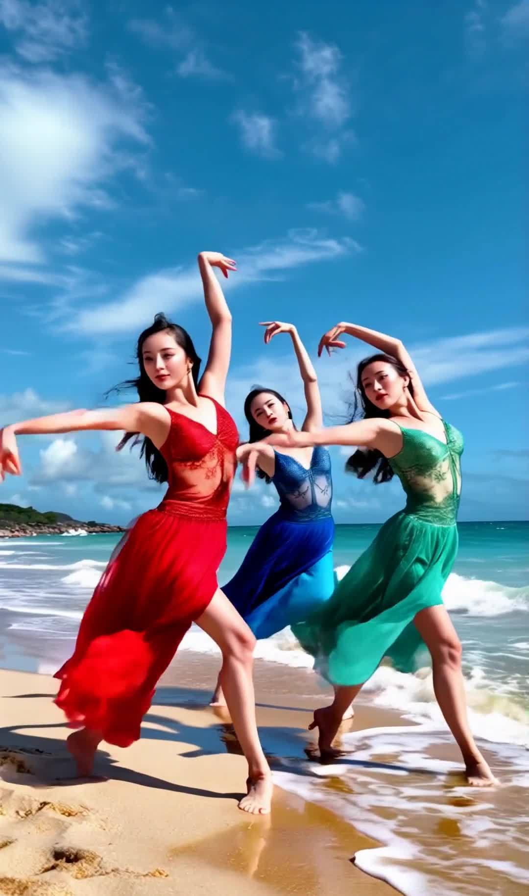 海滩上三位女子着长裙起舞，姿态优美。