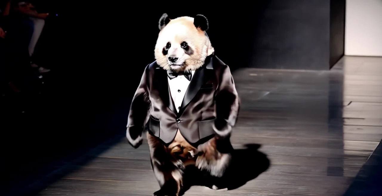 西装熊猫在时装秀舞台上展示服装