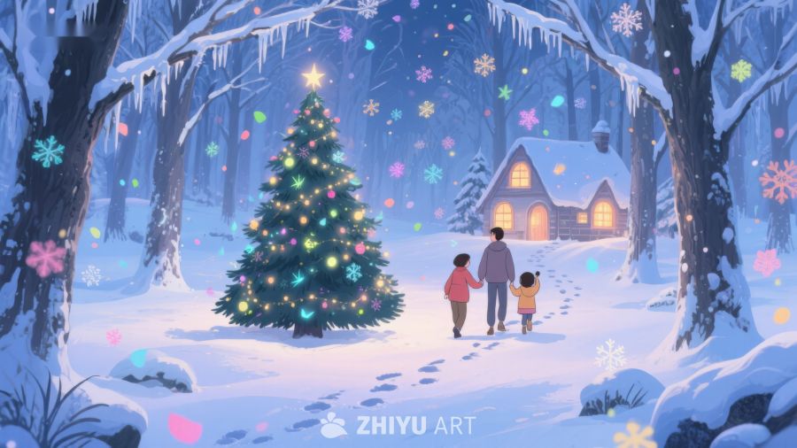 雪夜森林中的温馨圣诞树 391
