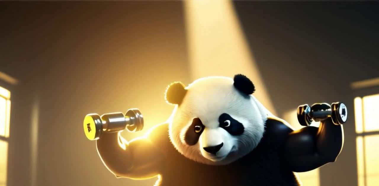 熊猫举哑铃健身，肌肉发达，笑容自信。