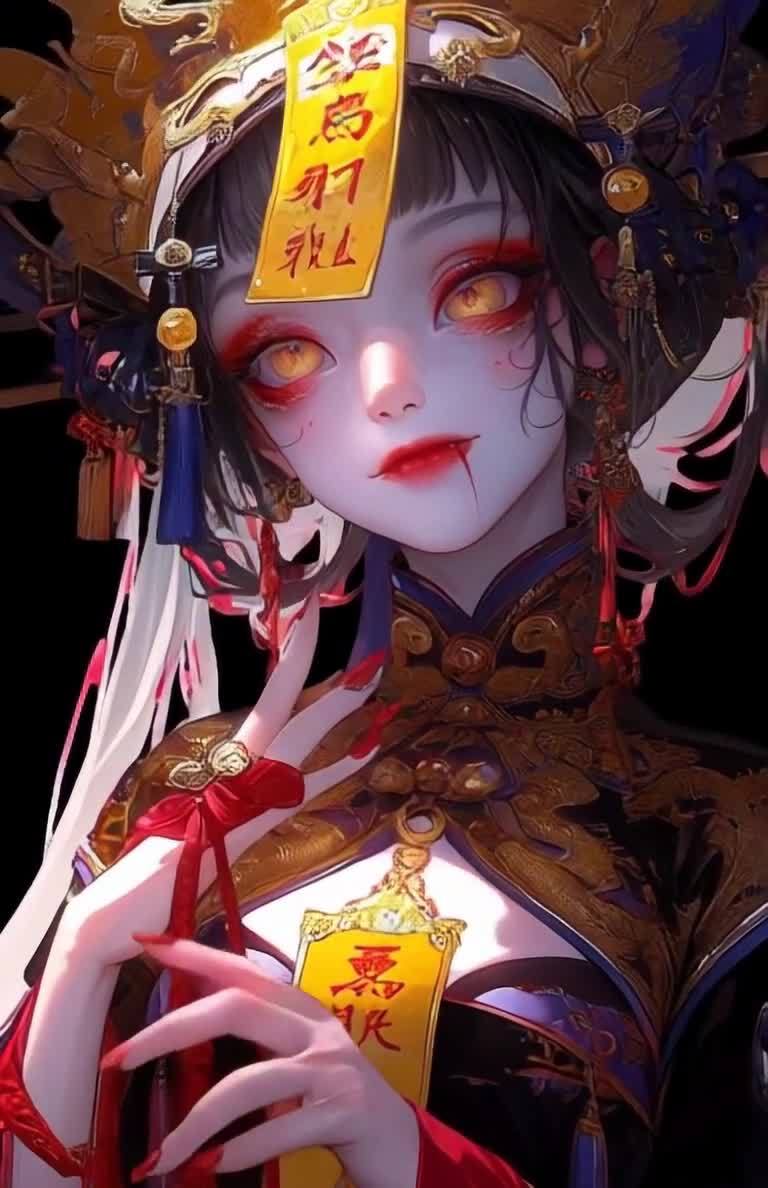 妖艳吸血鬼风格女性，头饰符纸，尖牙红唇。
