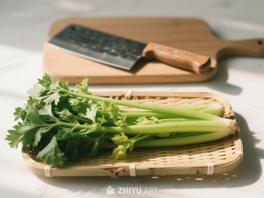 新鲜芹菜与砧板上的刀具 474