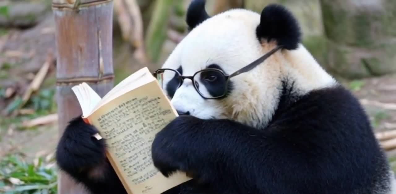 戴眼镜的熊猫正在阅读书本