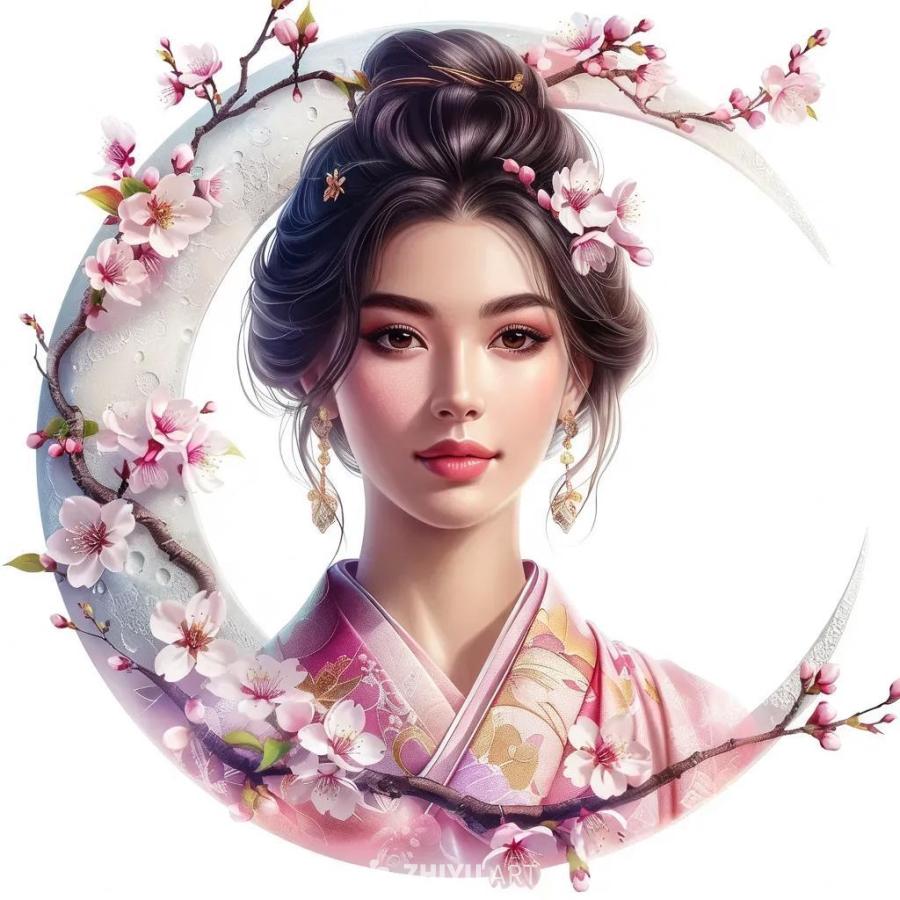 一位年轻女子，头戴发髻，佩戴金色耳环，身穿粉色和服
