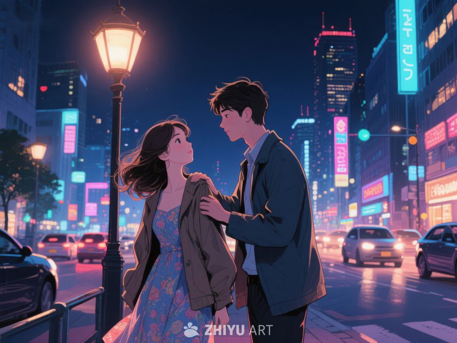 夜景街头情侣温馨互动 927