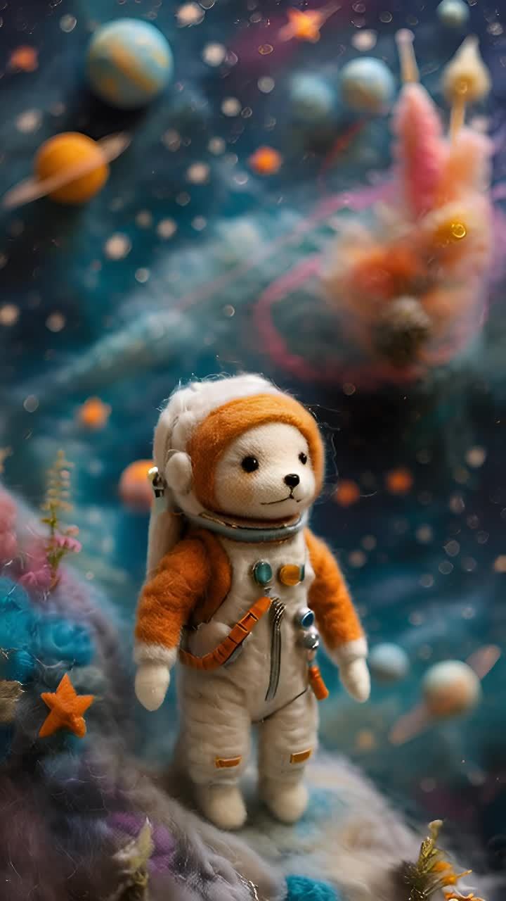 一只毛毡风格的宇航员站在星空背景下，其身穿白色和橙