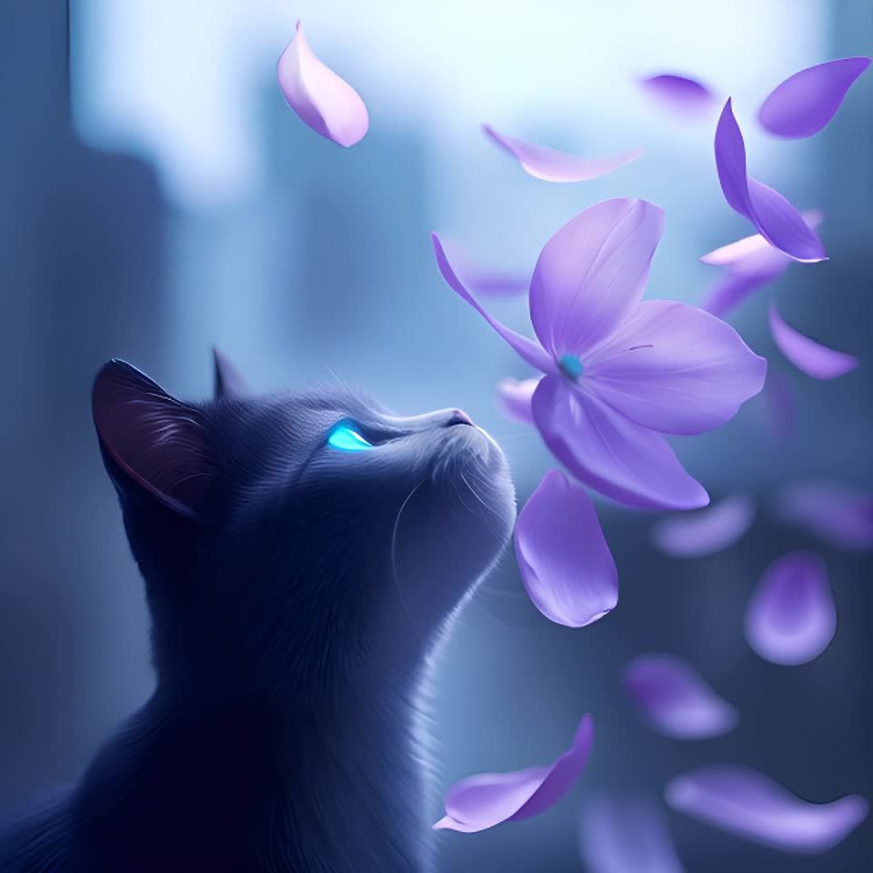 一只黑色的猫仰头向上看，它的眼睛发出蓝色的光芒。一