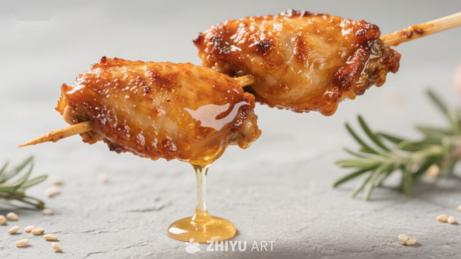 烤鸡翅串滴落酱汁