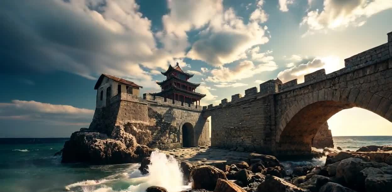 海水涌动，海浪拍打在岸边的礁石上。天空中有云彩，云
