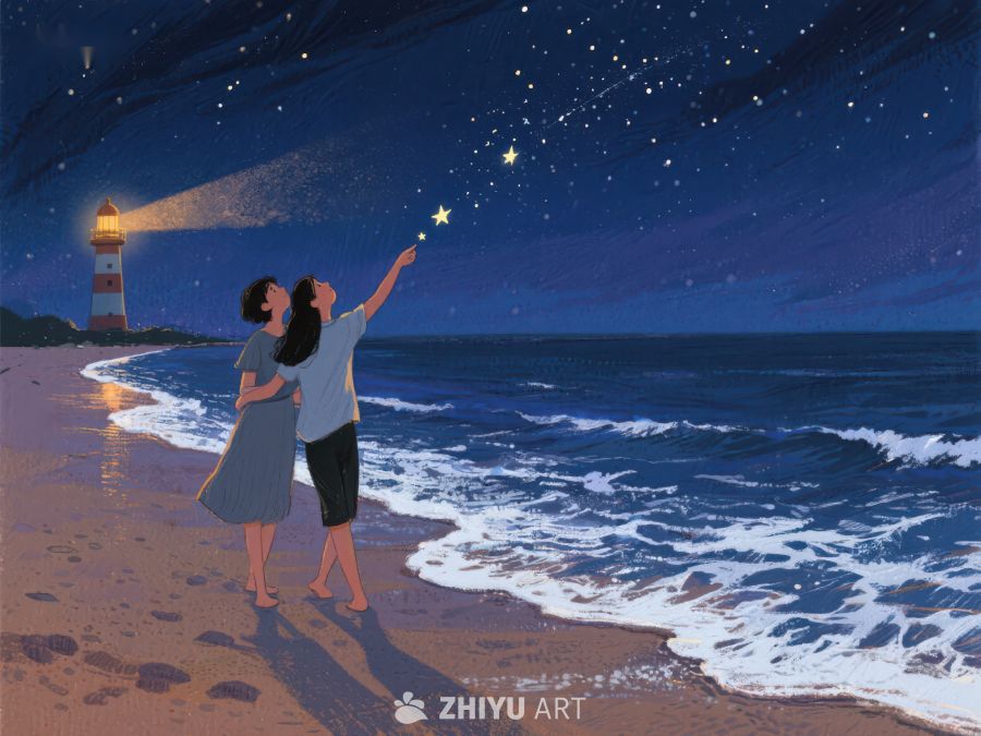 夜海边两人共赏星空 1003