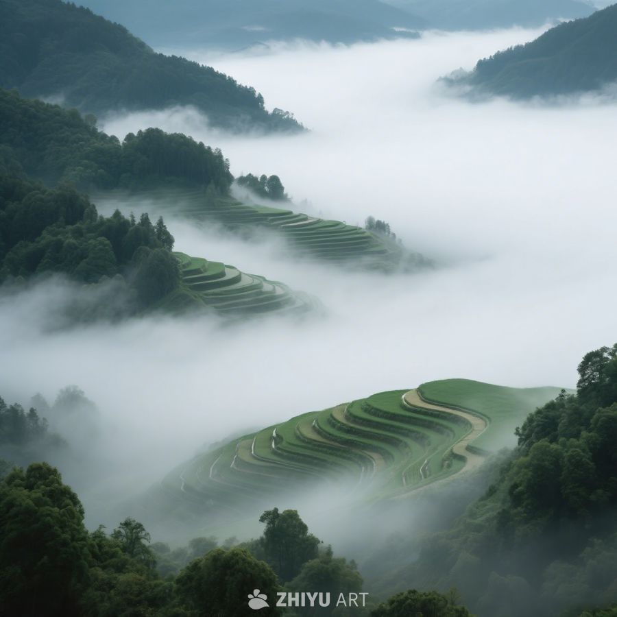 梯田、风景照、雾笼罩的梯田
