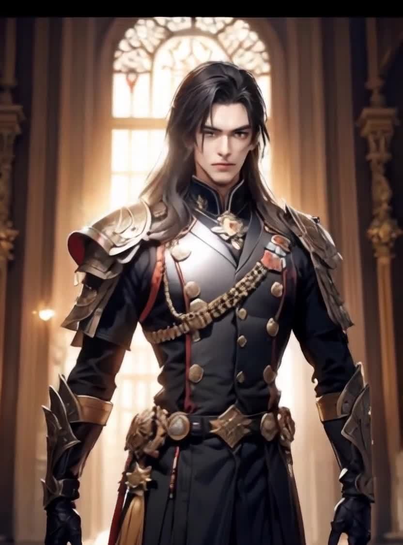 一位留着黑色长发，身着黑色制服的男性站在光线充足的
