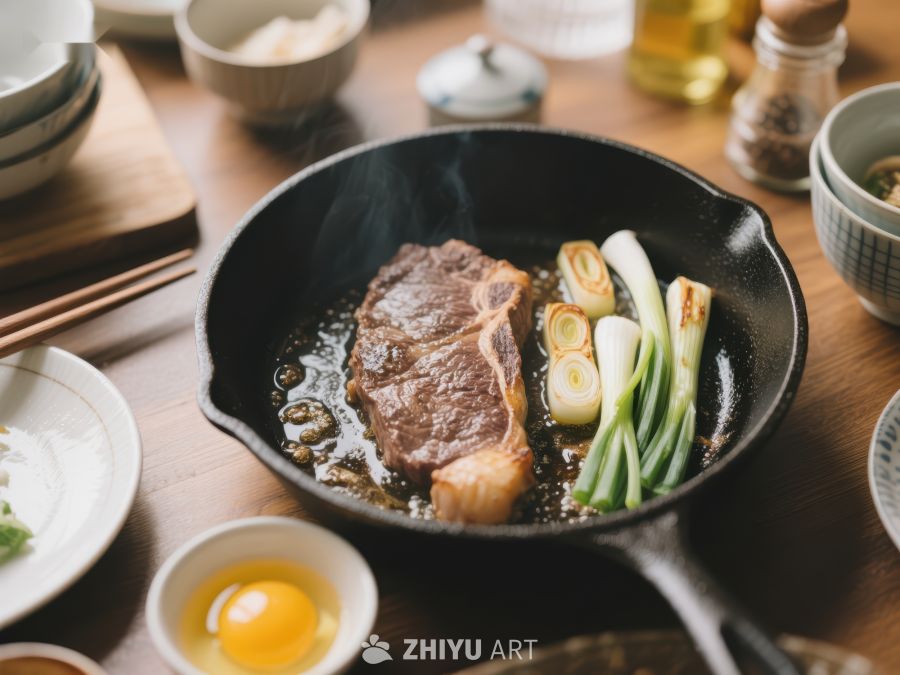 铁锅煎制牛排与葱段 709