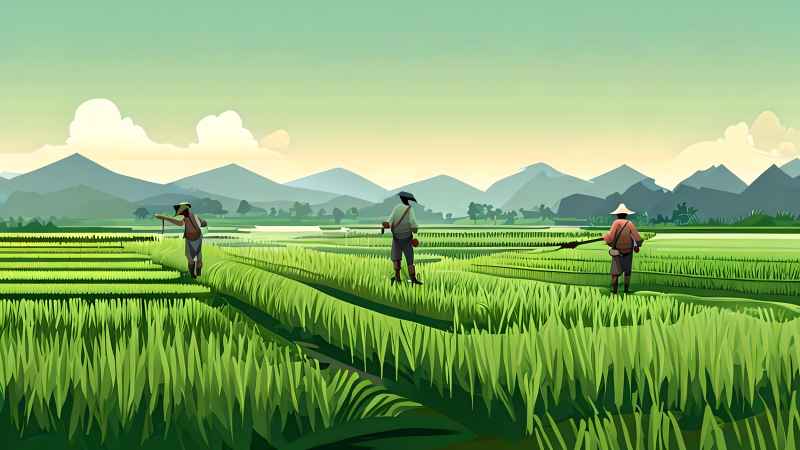 稻田和农作物中的农民绿色范例风格插画 7