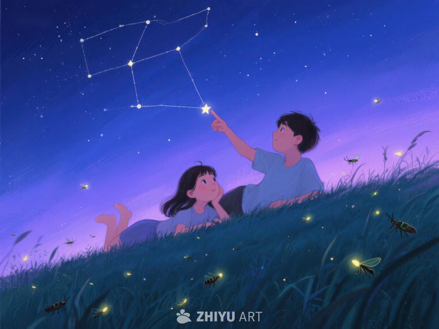 夜空下，孩子仰望星座 1030