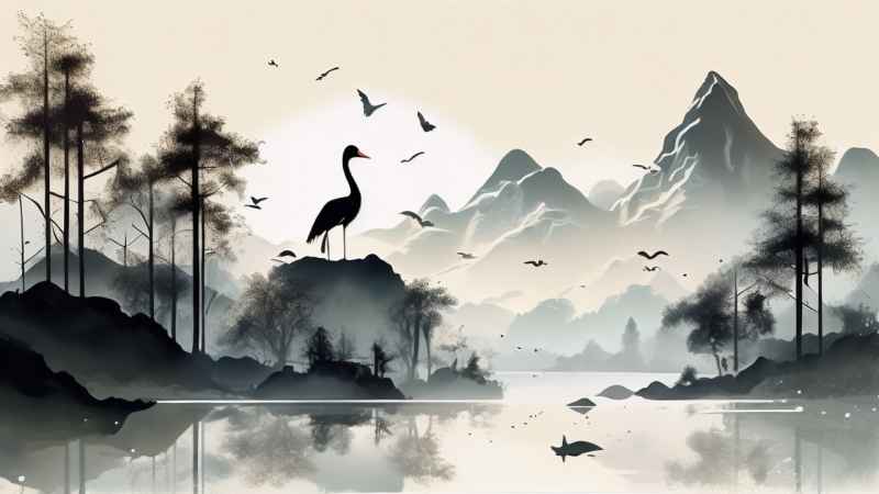 国风山水鹤插画背景 13