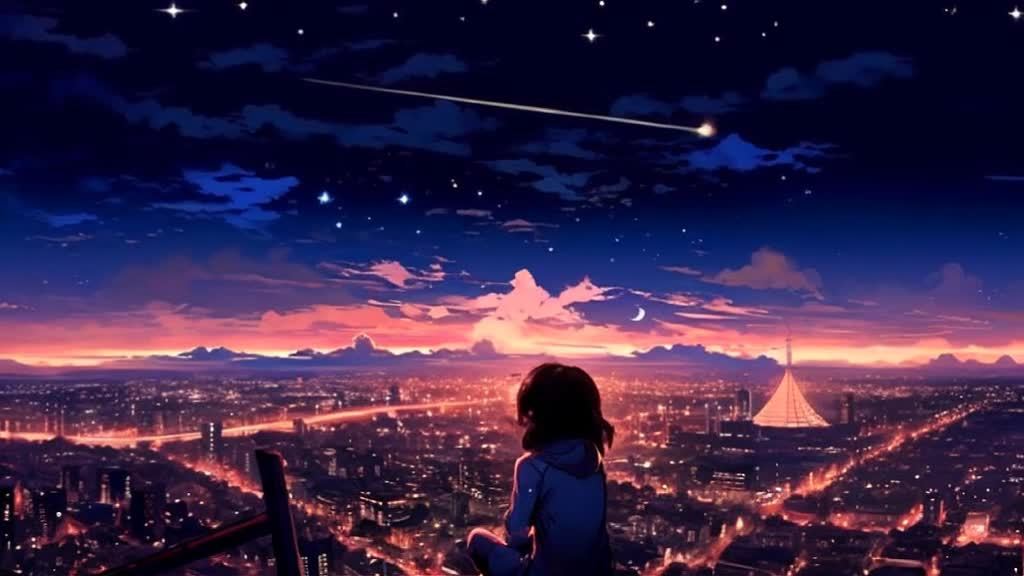 一个穿着蓝色外套的人坐在高处，背对着画面。夜空中布
