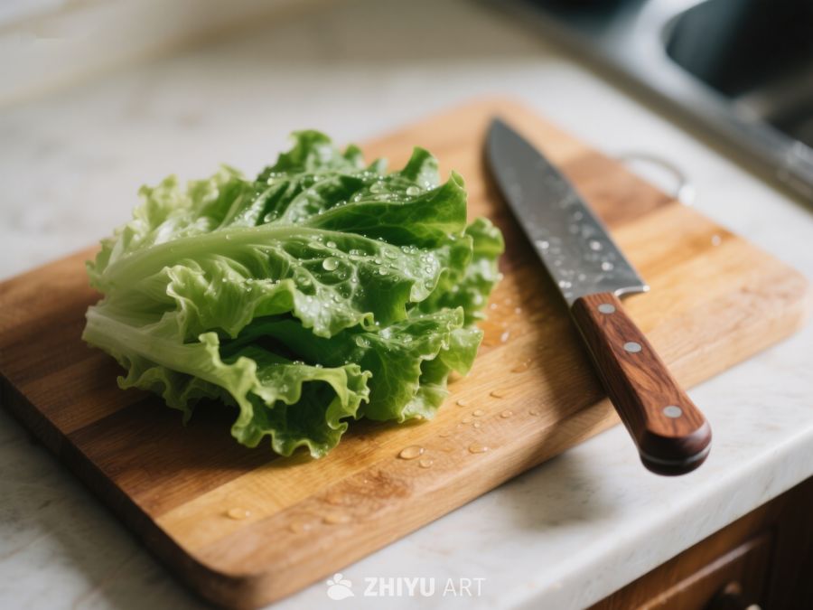 生菜与刀具置于砧板之上 319