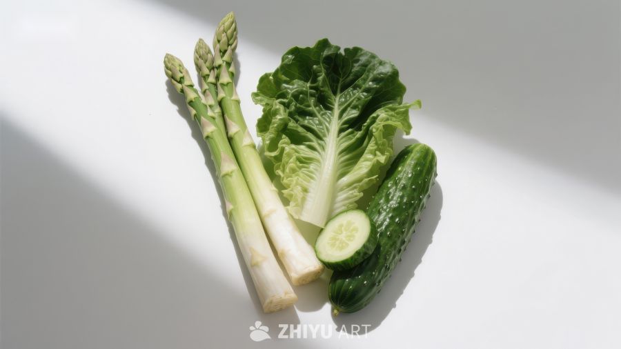 新鲜蔬菜组合：芦笋、生菜与黄瓜