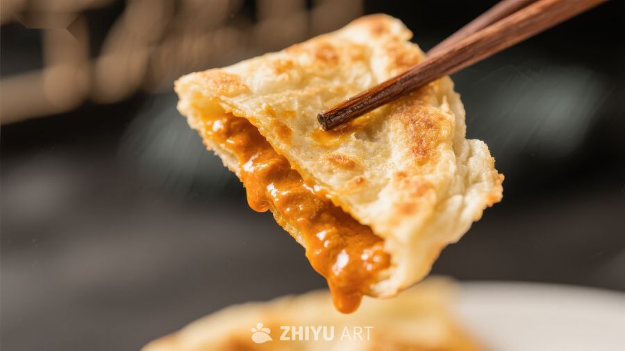 筷子夹起热腾腾的馅饼