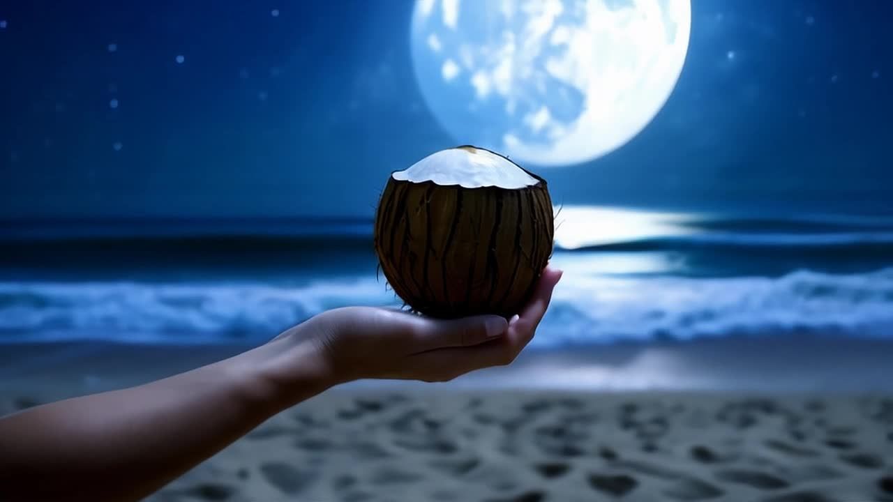 海滩背景下，满月当空，一只手轻轻地转动着一个椰子壳